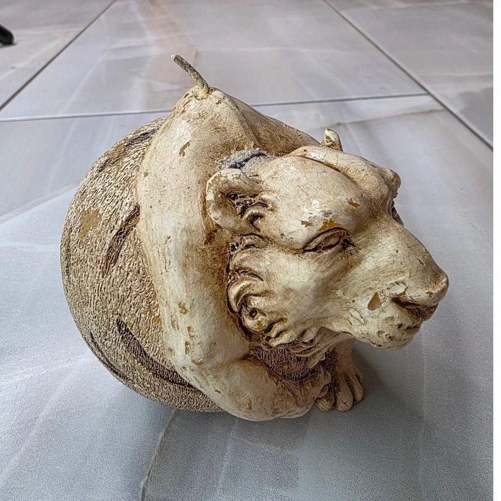 Vintage Sculpted Tiger Head Sphere Candle Cream Tan Textured Safari Decor P4‎